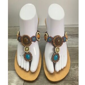 Minnetonka Brown Leather Beaded Wedge Sandals Womens 8 Boho Thong 71100 BRN